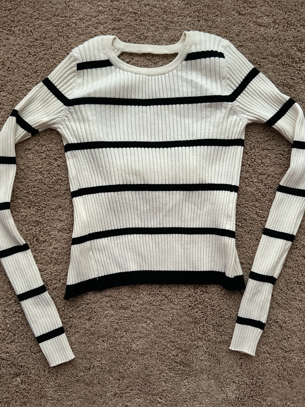 Zara Cream and Black Striped Ribbed Long Sleeve Top